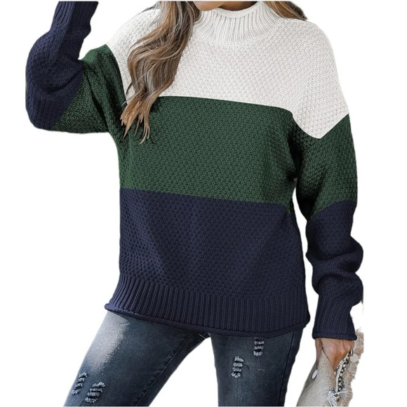 NWT Women’s 3 Tone Oversized Chunky Sweater Loose Fitting Casual Knit Pullover - Picture 4 of 6